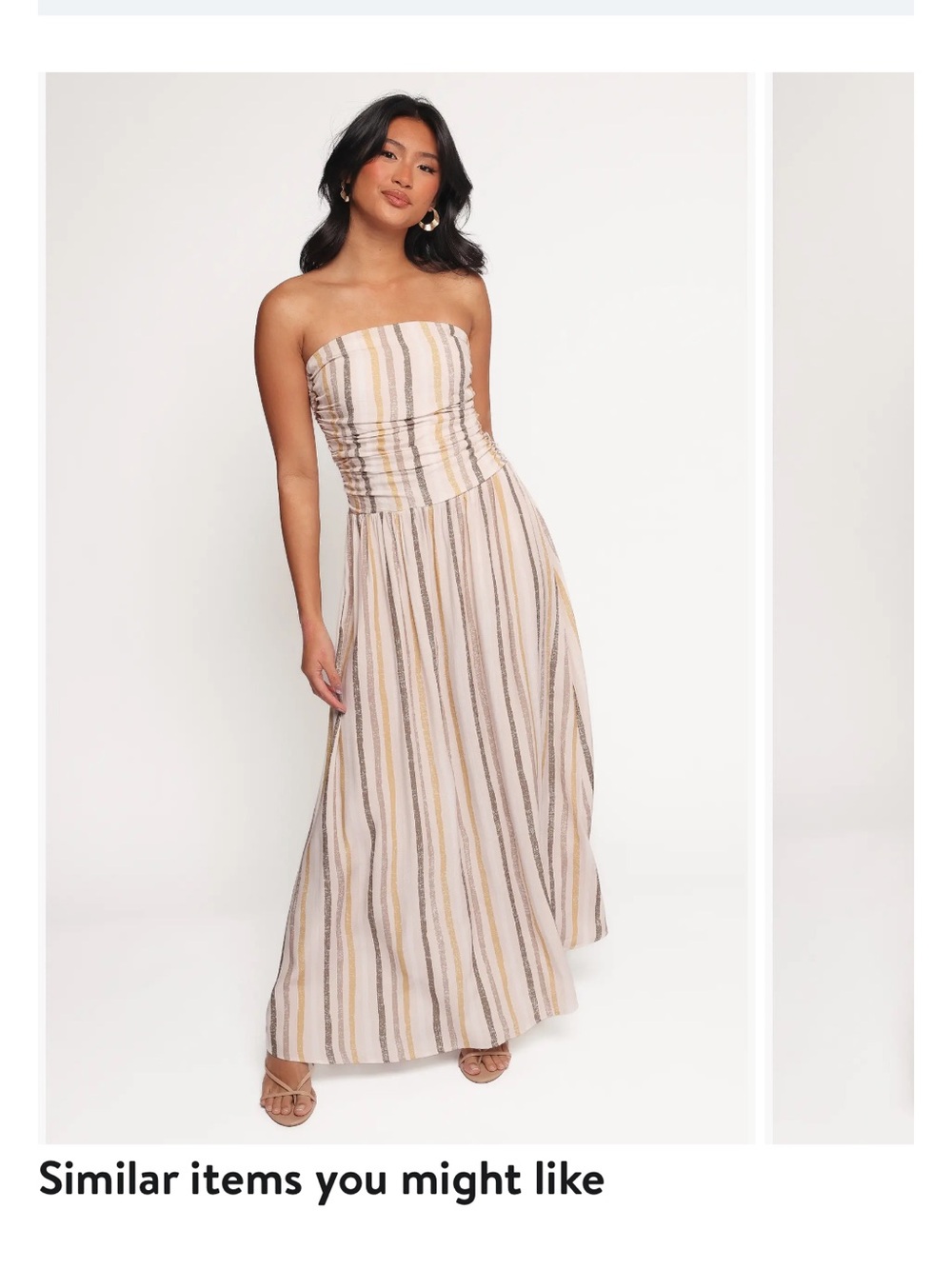 Petal & Pup Strapless Maxi Dress in Beige, Gold & Gray Stripe
